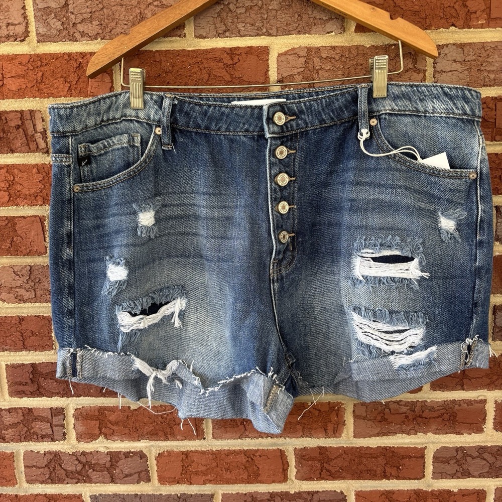 Kancan Denim Shorts Womens 3XL‎ Blue Button Front High Rise Rolled Cuff